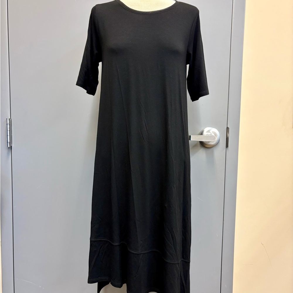 Eileen Fisher XS Black Lightweight Viscose Jersey Dress Asymmetrical Hem NWT